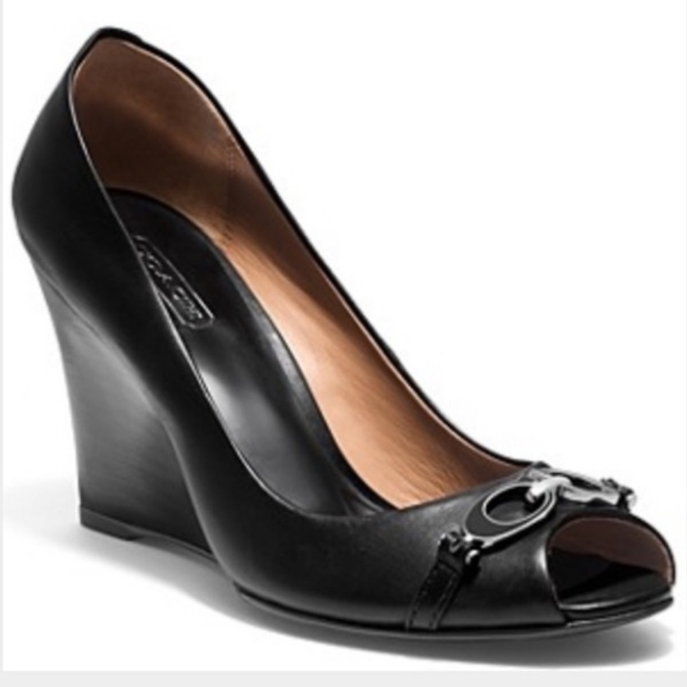 Coach Elora Semi Matte Calf Black Peep Toe Wedges